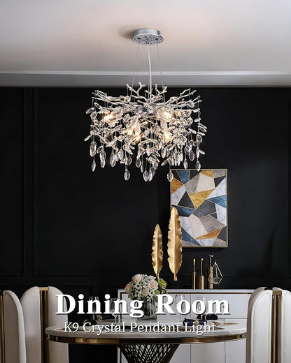 Modern Tree Branch Crystal Chandelier Luxury Silver Crystal Pendant Lighting 18" Contemporary 6-Light Chandeliers for Dining Room Kitchen Bedroom Living Room