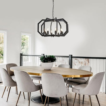 Lanhall 8 Black Light Farmhouse Chandelier Dining Room Light Fixture Geometric Modern Rustic Hanging Pendant Light for Living Room, Kitchen Island, Foyer, Entryway, Hallway, Stairway