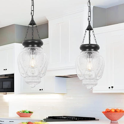 Vintage Pendant Lights Kitchen Island, Black Kitchen Pendant Lighting Over Island, Bathroom Pendant Light With 7.9" w*10.6" h Glass, Farmhouse Sink Light For Closet Pantry Entryway, Height Adjustable
