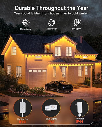 Lumary Permanent Outdoor Lights 2 with Remote, Slide-Base, 100ft with 60 RGBAICW LEDs for House Daily & Accent Lighting, 110+ Scene Modes for Christmas Outdoor Decor, Work with Alexa Google, White
