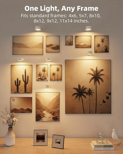 Picture Lights for Wall, 2000mAh Rechargeable Magnetic Art Lights with 3 Color Temps & RGB, Remote Dimmable Battery Operated Wall Light for Bedroom, Living Room, Gallery (White, 6 Pack)