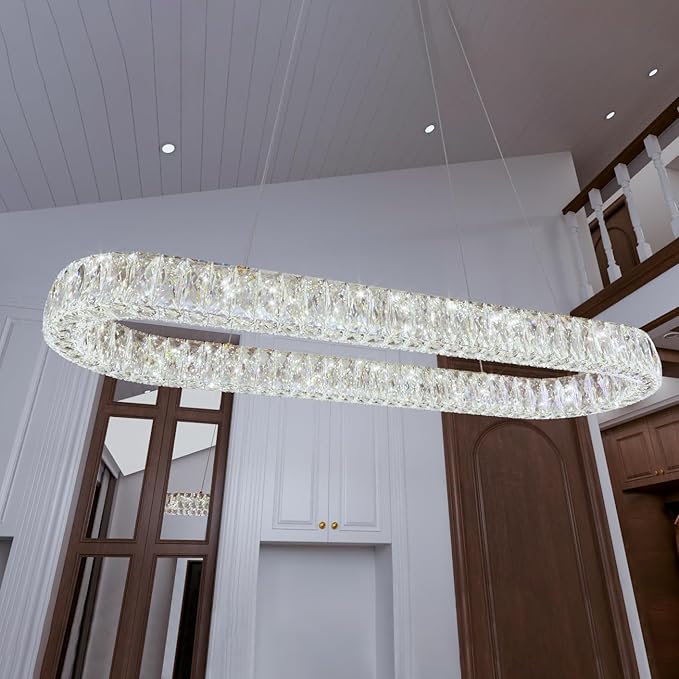 HAIXIANG LED Long Chandeliers for Dining Table Modern Chandelier Dimmable Pendant Lights Crystal Rectangular Glam Lighting Fixtures for Dining Room Kitchen Island Silver