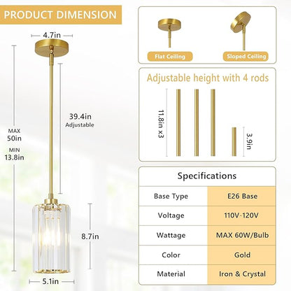 LAMSU Crystal Pendant Lights, Modern Gold Pendant Lighting with Clear Glass Shade, Small Brass Chandelier Light Fixtures Ceiling Hanging for Dining Room Kitchen Island Bedroom Foyer Hallway