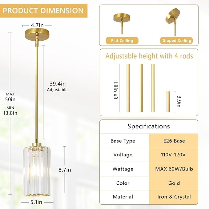 LAMSU 3 Pack Gold Pendant Lights Kitchen Island, Modern Pendant Lighting with Clear Crystal Shade, Vintage Brass Chandelier Light Fixtures Ceiling Hanging for Dining Room Bedroom Foyer Hallway