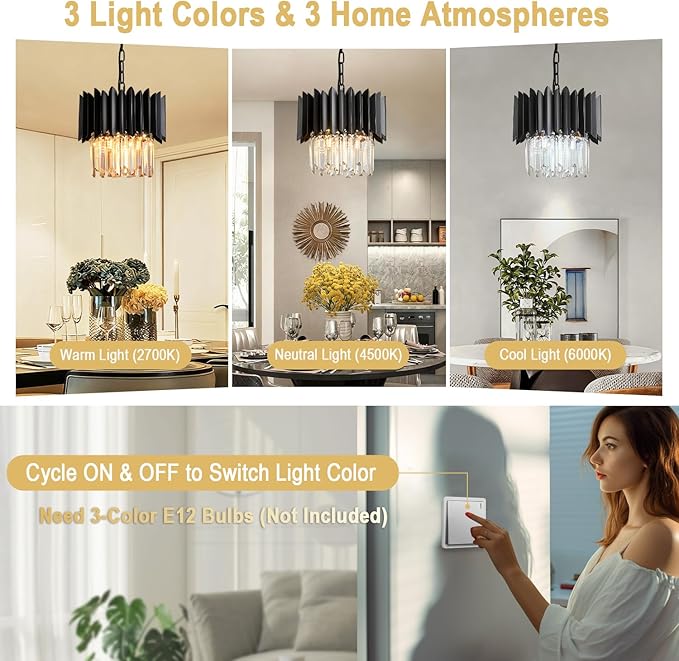 Black Crystal Chandelier 12 Inch K9 Crystal Pendant Light Fixture 3-Light Semi Flush Mount Ceiling Light for Kitchen Island Dining Room Bedroom Foyer Entryway Hallway