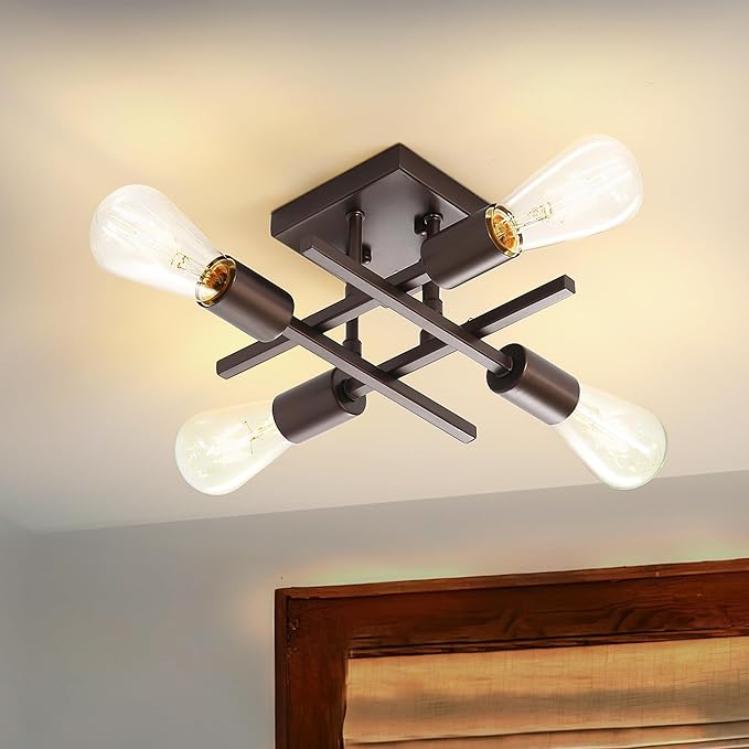 Industrial 4-Light Semi Flush Mount Ceiling Light Fixture, Farmhouse Oil Rubbed Bronze Chandelier Lighting, Modern E26 Base Sputnik Ceiling Lamp for Kitchen Living Room Hallway Entryway