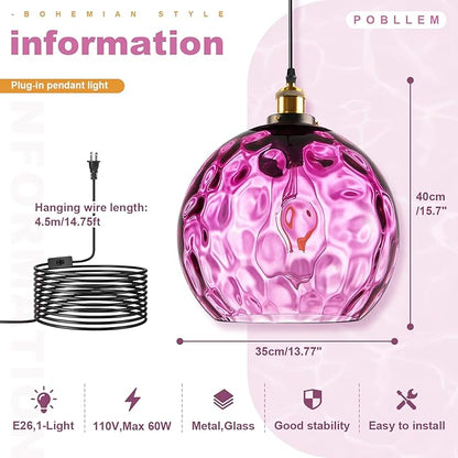 Mid Century Plug in Hanging Light for Living Room, 13.8" Purple Glass Shade Plug in Cord Boho Pendant Lamp for Bedroom Dining Room Kitchen Sink, Large Plug-in Light