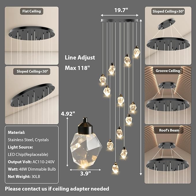 Crystal LED High Ceiling Chandelier: Long Remote Dimmable 12 Pendant Light Fixtures - Spiral Drop Flush Mount Sloped Ceilings Modern Chandeliers For Entryway Living Room Foyer Staircase Entrance