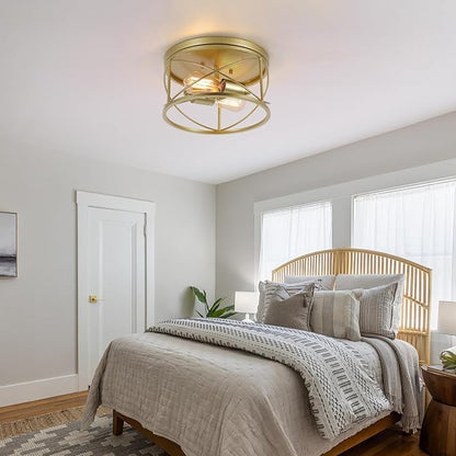 2-Light Flush Mount Ceiling Light Fixture, Industrial Modern Gold Ceiling Lamp, Vintage Farmhouse Light Fixture for Hallway, Bedroom, Dining Room, Living Room, Kitchen, Entryway