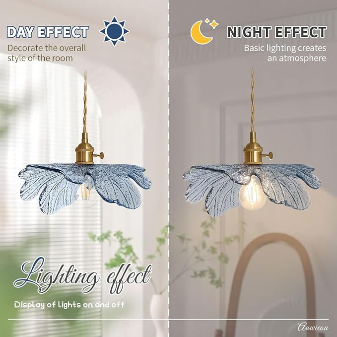 Glass Pendant Lights Kitchen Island 2 Pack Vintage Farmhouse Style with Blue Glass Flower Shade, Gold Unique Hanging Pendant Lighting for Dining Room Cabinets Bedroom entryway