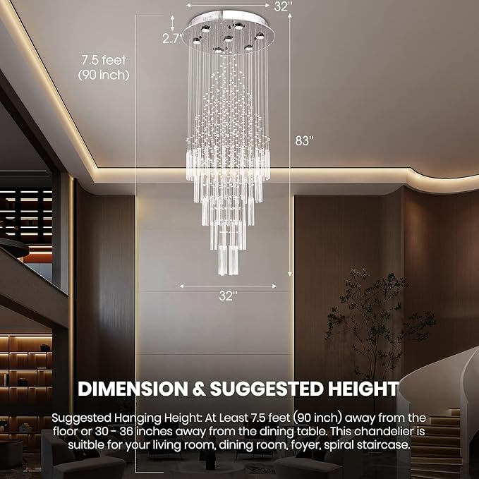 7PM Luxury Crystal Chandelier, 18-Lights Foyer Chandelier for High Ceilings Modern Round Raindrop Ceiling Light Fixture Flush Mount for Staircase Foyer Hotel W32 X H83