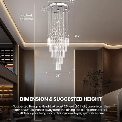 7PM Luxury Crystal Chandelier, 18-Lights Foyer Chandelier for High Ceilings Modern Round Raindrop Ceiling Light Fixture Flush Mount for Staircase Foyer Hotel W32 X H83