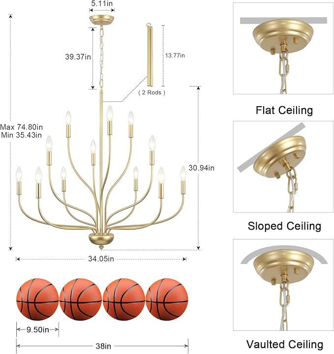 Modern Gold Chandelier for Dining Room,12-Light Gold Chandeliers,34 Inch Large Industrial Hanging Light Fixture for High Ceilings for Living Room, Kitchen, Entryway,Foyer