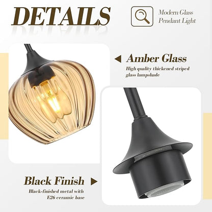 2Pack Amber Glass Pendant Light, 7 Inch Vintage Pendant Light Fixtures Modern Small Pendant Hanging Lights for Kitchen Island Dining Room Bathroom Coffee Bar