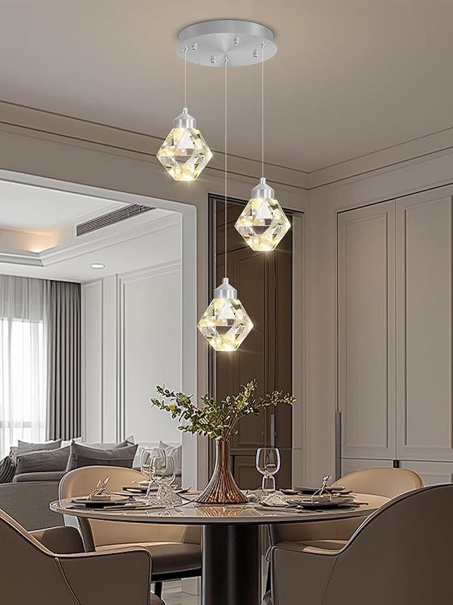 3-Lights Pendant Lights Kitchen Island Mini Chandelier,Modern Silver Pendant Light with Remote Control,Hanging Light Fixture for Dining Room Hallway