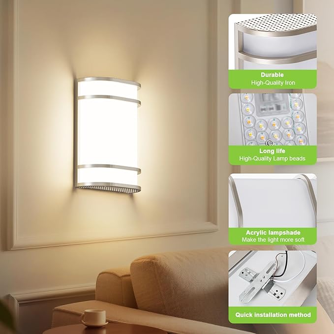 Led Wall Lights Indoor- Modern Wall Sconce Lighting 3000K/4500K/6000K Adjustable Led Wall Lamps for Hallway, Staircase, Corridor, Bedroom, Living Room, Kitchen (1, Brushed Nickel)