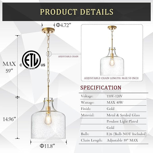 CATINER 12" Gold Glass Pendant Light, Seeded Bubble Shade Modern Farmhouse Hanging Light for Kitchen Island, Dining Room, E26 Dimmable Ceiling Fixture