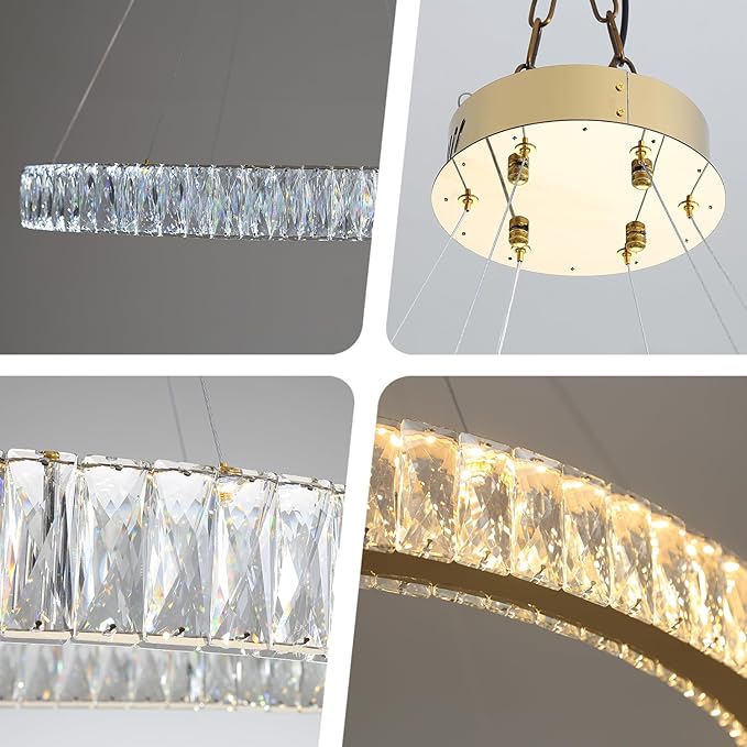 Modern LED Gold Ring Chandelier 31.5" Dimmable Adjustable Crystal Ring Pendant Light for Dining Room Living Room