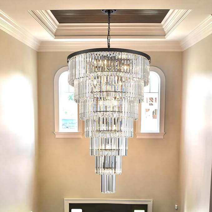 Large Long Black Crystal Chandelier, 47-inch Height, 7-Tier Modern Round Light Fixtures for Entryway, Foyer