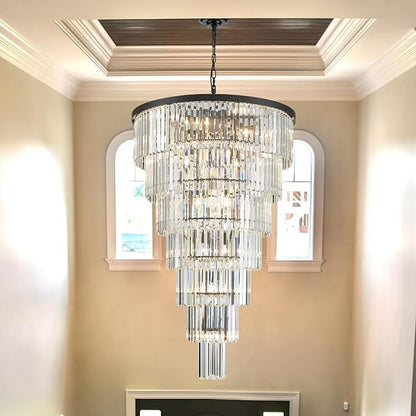 Large Long Black Crystal Chandelier, 47-inch Height, 7-Tier Modern Round Light Fixtures for Entryway, Foyer