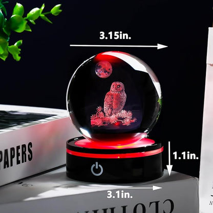 YWHL 3D Owl Figurine Crystal Ball with Colorful Light Base, Owl Gifts for Women Men Owls Lovers on Christmas Birthday, 3D Laser Engraved Owls Sphere Glass Ball for Home Office Decoration (80mm)