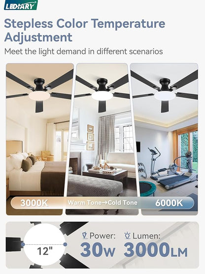 60 Inch Ceiling Fan with Lights and Remote, 30W 12" LED Panel Flush Mount Ceiling Fan, 6-Speed Quiet DC Motor Modern Low Profile Ceiling Fan with Reversible Blades for Living Room, Bedroom, Patio