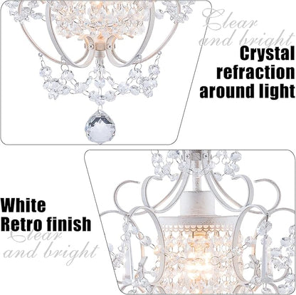 Plug in Chandelier Mini Crystal Chandelier White Retro Small Chandeliers Ceiling Light for Girls Bedroom,Farmhouse Plug in Pendant Light for Kitchen Island Bathroom Dining Room Closet