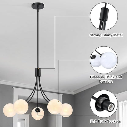 Bubble Chandelier, Modern Sputnik Dining Room 5-Light Chandelier with Black Finish and Glass Globes for Kitchen Bedroom Foyer and Living Room