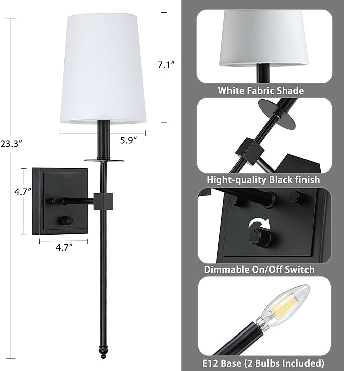 Untrammelife Black Wall Sconces Set of Two, Farmhouse Sconces Wall Lighting with Dimmer ON/Off Switch, Industrial Hardwired Wall Lamps for Bedrooms, Living Room, Bathroom, Vanity (Bulbs Included)
