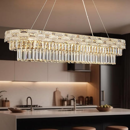 49.2" L Modern Crystal Chandeliers for Dining Room 18 Lights Gold Chandelier Large Rectangle Crystal Chandelier Pendant Light Fixture Kitchen Entryway Living Room 49.2" L x 8.7" H