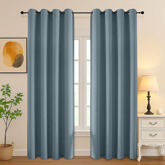 Simplebrand Stone Blue Curtains for Bedroom Living Room 90 Inches Long 2 Panels Set, Room Darkening Thermal Insulated Curtains & Drapes, Solid Grommet Noise Reducing Window Treatment, W50 x L90 Inch