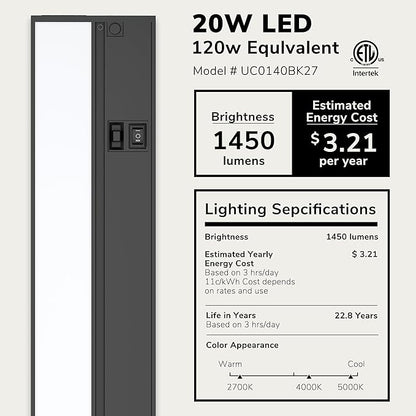 LAGOM Halo Under Cabinet Light, 40‑Inch Hardwired Dimmable LED, 2700K/4000K/5000K, Power Cord Sold Separately, Black, UC0140BK27