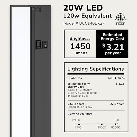 LAGOM Halo Under Cabinet Light, 40‑Inch Hardwired Dimmable LED, 2700K/4000K/5000K, Power Cord Sold Separately, Black, UC0140BK27