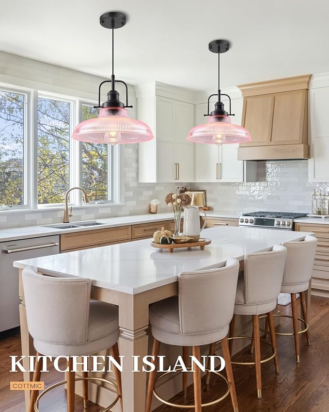 Pink Glass Pendant Lights Kitchen Island 1 Pack, 12-inch Ribbed Glass Kitchen Pendant Lights, Farmhouse Pendant Lighting Over Island, Sink, Bar, Vintage Pendant Light for Dining Room