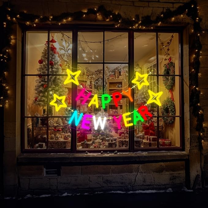 Happy New Year Neon Sign, LED Light Wall Art, Colorful New Year Party Decor, Neon Sign with Stars, Holiday Home Decor, New Year Celebration Sign 16.8″ × 9.6″