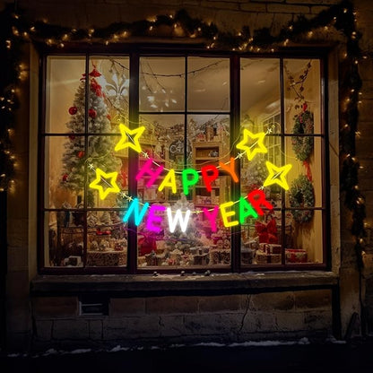 Happy New Year Neon Sign, LED Light Wall Art, Colorful New Year Party Decor, Neon Sign with Stars, Holiday Home Decor, New Year Celebration Sign 16.8″ × 9.6″
