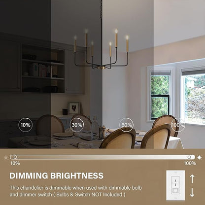 Modern Black and Gold Chandelier for Dining Room,Metal 6-Light Kitchen Light Fixtures,Farmhouse Candle Hanging Pendant Lights for Living Room Entryway Foyer Bedroom (Bulb Not Included)