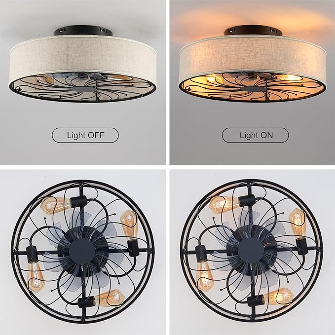 Boho Ceiling Fan with Jute Fabric Shades and Remote Control, Small Caged Bladeless Low Profile Ceiling Fan with Light, 20 Inch Modern Flush Mount Light Kit for Bedroom Kitchen Living Room
