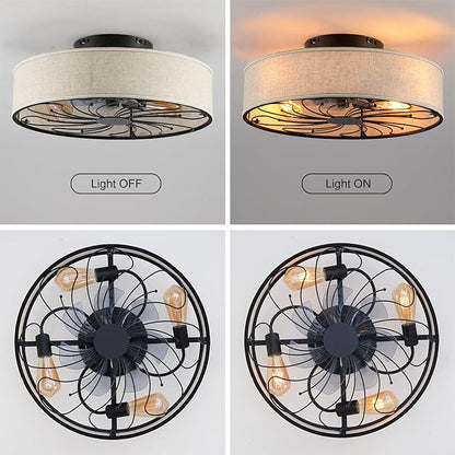 Boho Ceiling Fan with Jute Fabric Shades and Remote Control, Small Caged Bladeless Low Profile Ceiling Fan with Light, 20 Inch Modern Flush Mount Light Kit for Bedroom Kitchen Living Room