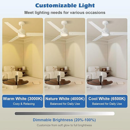 52 inch Ceiling Fans with Lights and Remote, Dimmable 3 Color temperatures LED, Reversible with Quiet DC Motor, 3 Blade High CFM Indoor Outdoor Modern Ceiling Fan for Bedroom Living Room (White)