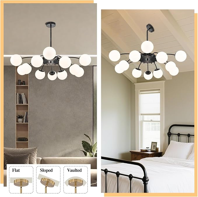 Longree 12-Light Black and White Sputnik Chandeliers with Blossom Accent Milk Glass Bubble Pendant Lighting, Mid Century Opal Glass Ceiling Light Fixture for Dining Hallway Living