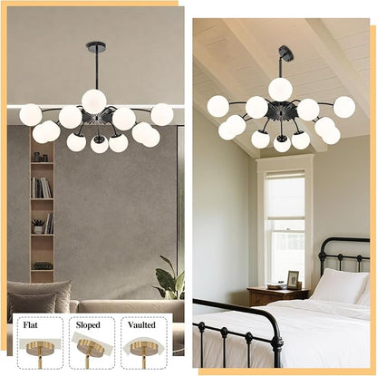 Longree 12-Light Black and White Sputnik Chandeliers with Blossom Accent Milk Glass Bubble Pendant Lighting, Mid Century Opal Glass Ceiling Light Fixture for Dining Hallway Living