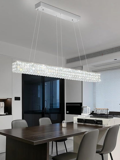 ykolupty W48 Modern Rectangular Crystal Chandeliers Dining Room Chandelier,Silver Pendant Light Fixture with Remote Control for Living Room Kitchen Island
