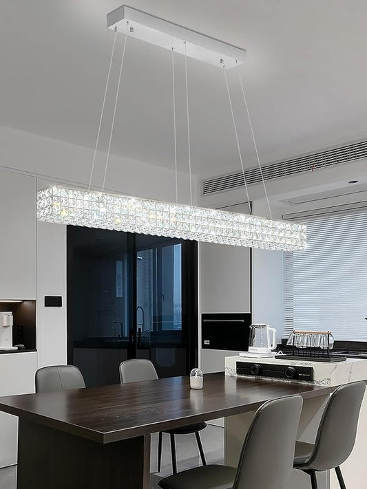 ykolupty W48 Modern Rectangular Crystal Chandeliers Dining Room Chandelier,Silver Pendant Light Fixture with Remote Control for Living Room Kitchen Island