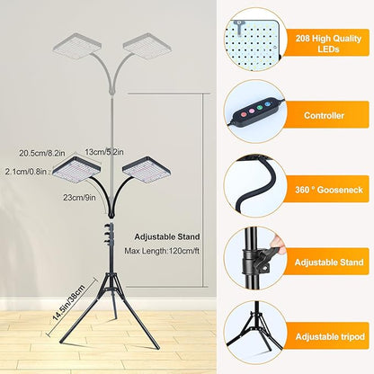 FECiDA 2026 2Head Grow Light with Stand, 50 Watt Power Draw, Bright and Big Coverage Grow Lights for Large Houseplants, Bonsai Tree, 4/8/12/16/20 Hr Timer, 24"-64" Height Adjustable, 360° Gooseneck