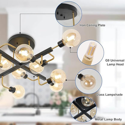 Depuley Sputnik Chandelier with Globe Glass: 12-Light Black and Gold Ceiling Light Fixture for Living Room Bedroom - Vintage Hanging Bubble Chandeliers for Dining Room Office (Included G9 Bulbs)