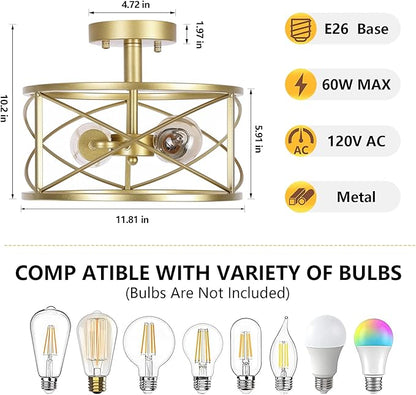 2-Light Semi Flush Mount Matte Gold Ceiling Light Fixture, Farmhouse Industrial Metal Cage with Adjustable Height, Dimmable for Hallway Entryway Kitchen Bedroom Foyer Laundry Low Ceiling