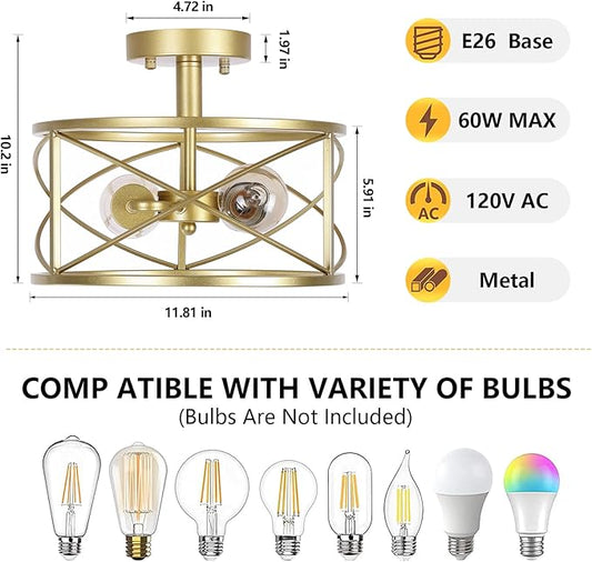 2-Light Semi Flush Mount Matte Gold Ceiling Light Fixture, Farmhouse Industrial Metal Cage with Adjustable Height, Dimmable for Hallway Entryway Kitchen Bedroom Foyer Laundry Low Ceiling