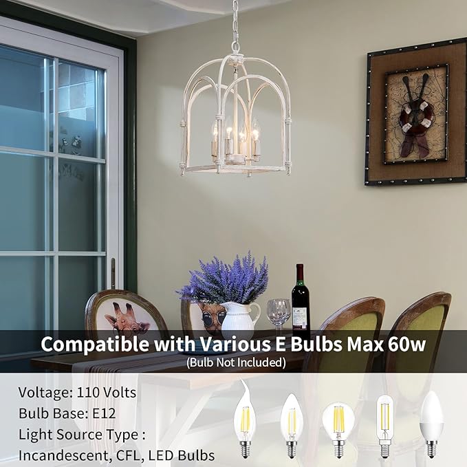 4-Light Chandeliers, Farmhouse White Chandelier for Dining Room Light Fixtures, Lantern Metal Kitchen Pendant Light Fixtures, Rustic Cage Chandelier for Bedroom Living Room Kitchen Island Hallway