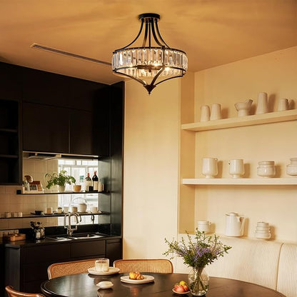 Crystal Black Ceiling Light Fixture, Modern Industrial Chandelier Semi Flush Ceiling Light for Dining Room Living Room Bedroom Hallway, Round Kitchen Lighting Fixtures Ceiling, 4 Lights